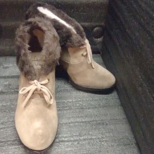 Faux Fur Trim Suede Ankle Boots with Wedge Heel By B. Makowsky